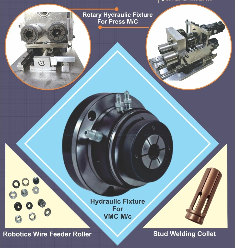 Rotary hydraulic fixture for press machine and robotics wire feeder stud welding